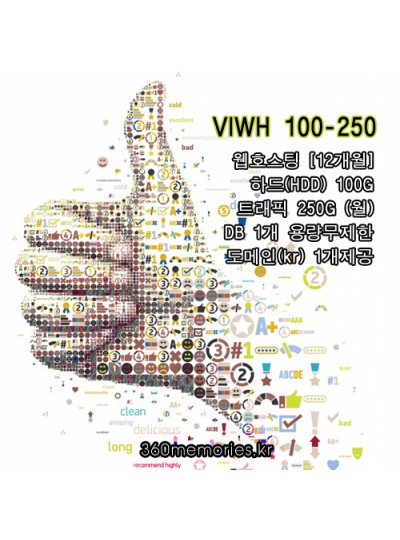 [12개월] VIWH 100-250 웹호스팅 하드100G + 트래픽250G(월) + DB1개 용량무제한 + 도메인(kr) 1개제공(무통장결제시)
